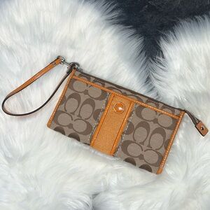 Coach Brown and Tan Wristlet Wallet with Orange Accents